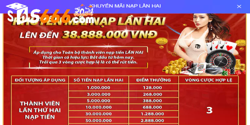 Khuyến mãi S666 - Tặng tiền cho lần 2 nạp tiền