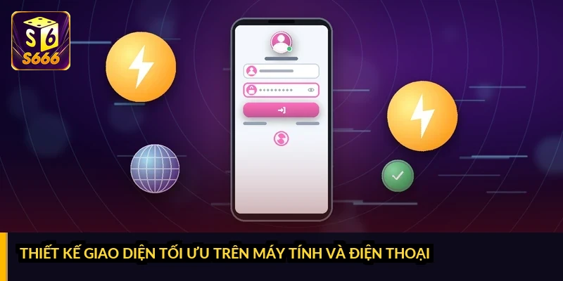 Ảnh chụp giao diện giả định đặt cạnh nhau, bên trái là màn hình điện thoại dọc, bên phải là cửa sổ máy tính với nhiều sảnh